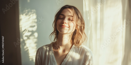 a woman standing by a window, gently bathed in soft morning sunlight Free Download a woman standing by a window, gently bathed in soft morning sunlight - GFXLoad