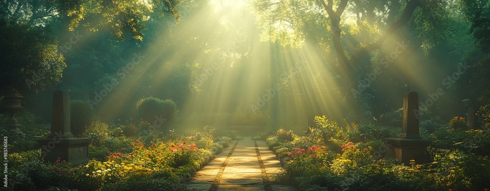 Enchanted Garden Pathway with Sun Rays and Flowers Enchanted Garden Pathway with Sun Rays and Flowers