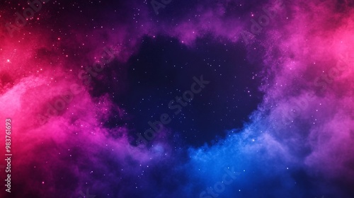 A mesmerizing cosmic scene featuring swirling pink and blue nebula clouds with a dark void at the center, dotted with sparkling stars.