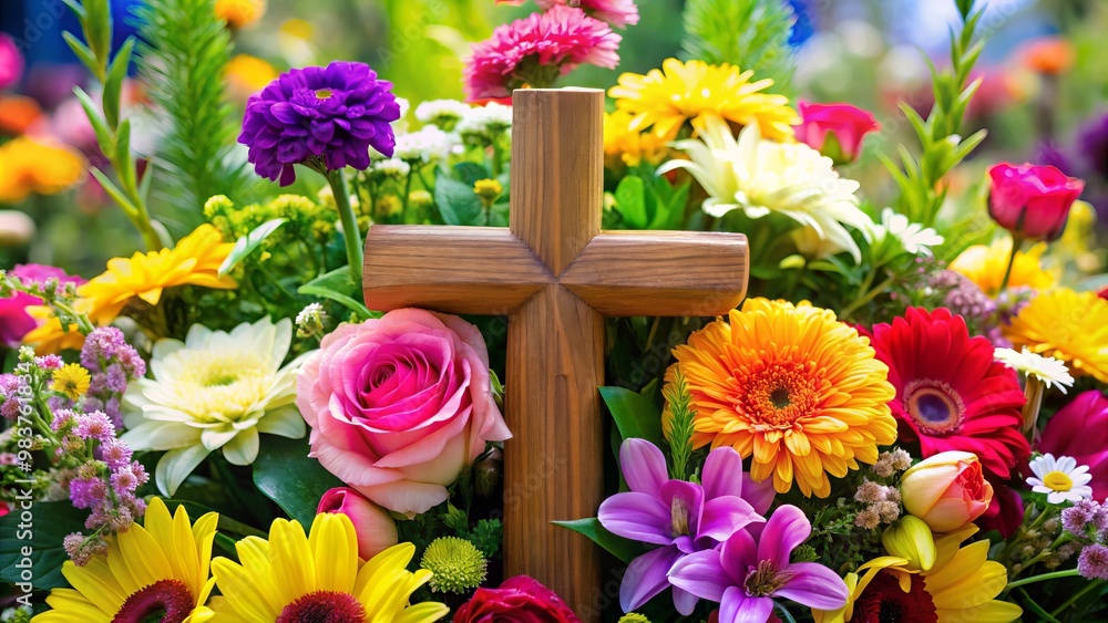 A simple cross placed amidst a lush bouquet of vibrant flowers, symbolizing faith and growth. A simple cross placed amidst a lush bouquet of vibrant flowers, symbolizing faith and growth.