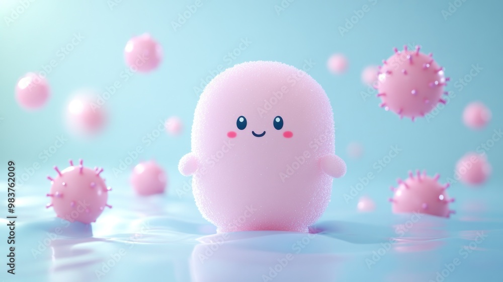 A cute, pink character surrounded by virus-like spheres in a playful, colorful setting.