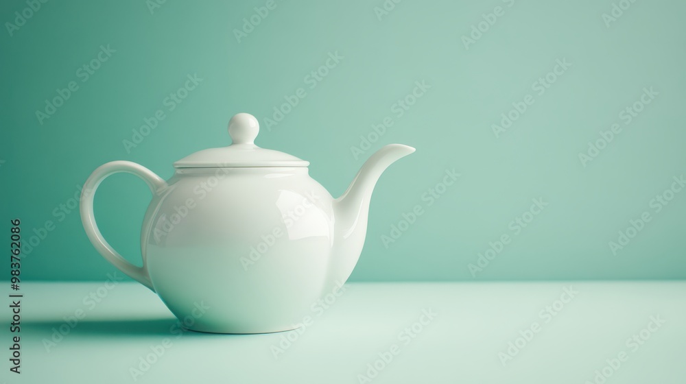 White ceramic teapot with a sleek design on a light green surface, home beverage set White ceramic teapot with a sleek design on a light green surface, home beverage set