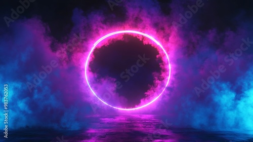 Neon Ring frame in black wall. A glowing neon circle with pink and blue lights surrounded by a smoky atmosphere on a dark background, creating a futuristic vibe