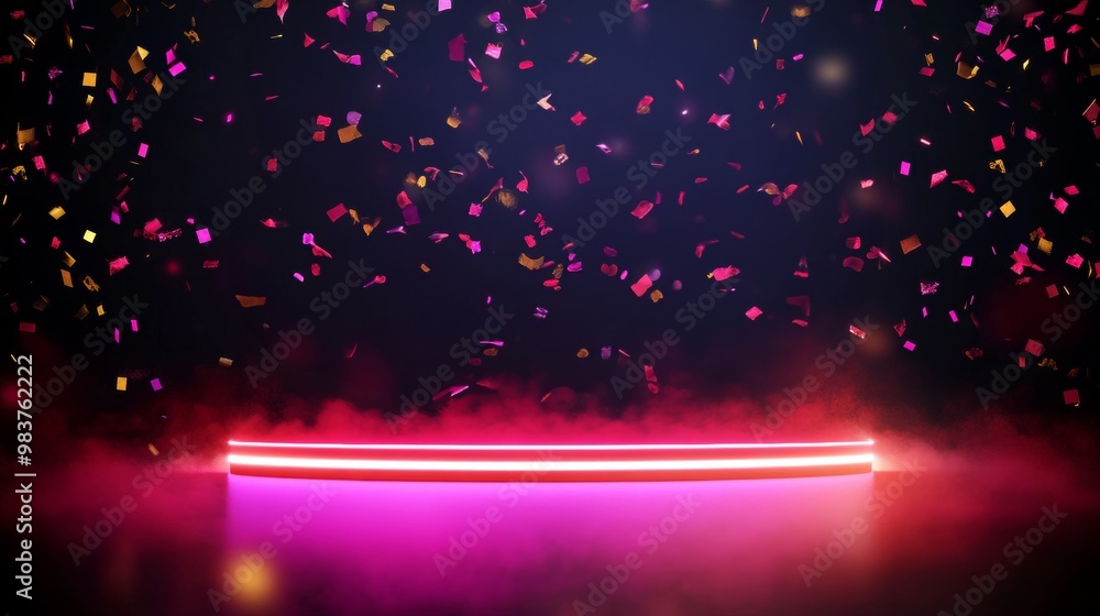 Obraz premium Purple podium illuminated by spotlights, surrounded by floating dark pink confetti falling from above