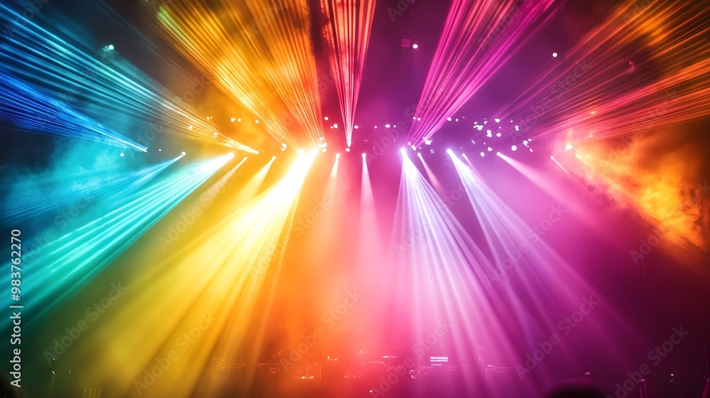 Vibrant light rays in rainbow colors fanning out from a central source, illuminating a dramatic concert stage, with smoke and energy filling the air, creating a dynamic and electrifying atmosphere Vibrant light rays in rainbow colors fanning out from a central source, illuminating a dramatic concert stage, with smoke and energy filling the air, creating a dynamic and electrifying atmosphere