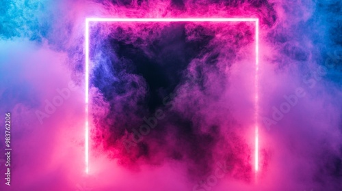 Neon frame in the wall with a hole. A neon framed doorway glowing in pink light, with smoke billowing through a broken wall, creating a surreal and futuristic background