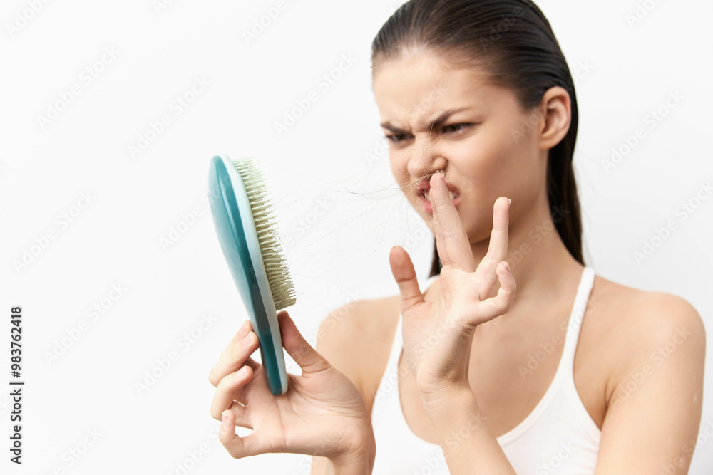 woman with hairbrush, expressing frustration, inspecting hair damage, in front of a white background, light natural colors, focused on personal care and beauty challenges woman with hairbrush, expressing frustration, inspecting hair damage, in front of a white background, light natural colors, focused on personal care and beauty challenges