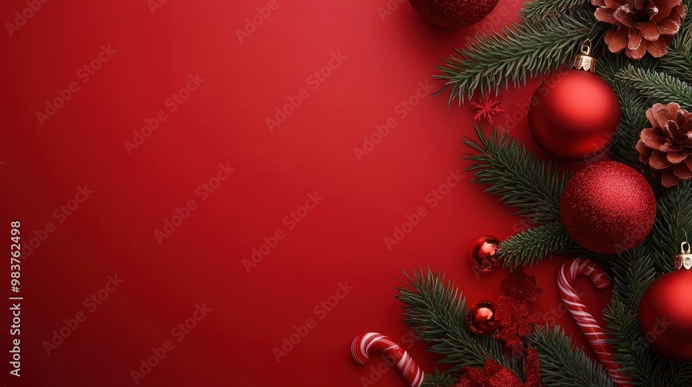 Weihnachten und Neujahrs Hintergrund mit roten Kugeln, Tannenzweigen und Zuckerstangen mit Platz für Text - erstellt mit KI Weihnachten und Neujahrs Hintergrund mit roten Kugeln, Tannenzweigen und Zuckerstangen mit Platz für Text - erstellt mit KI