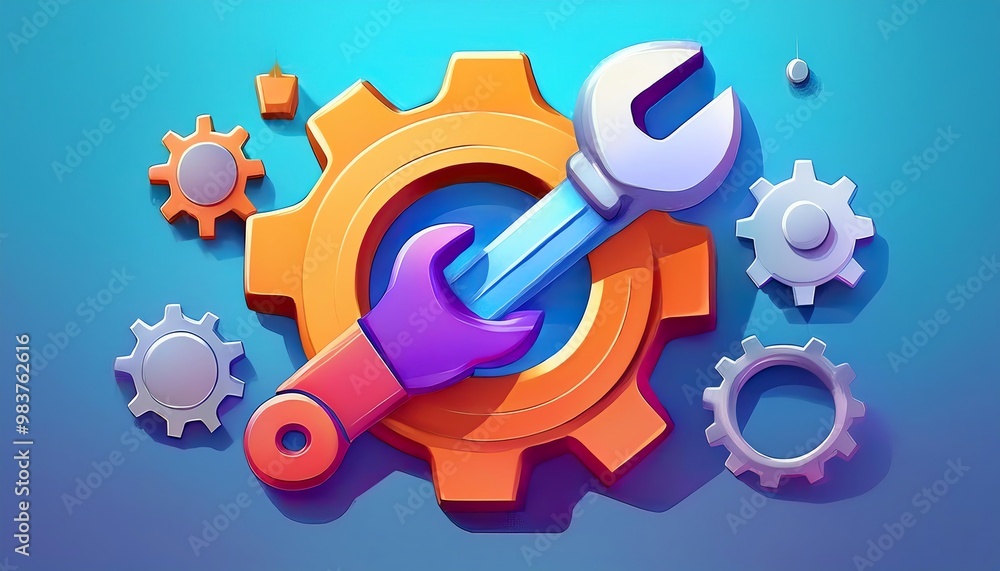 Fototapeta premium A colorful graphic featuring a wrench and gear design, representing tools and engineering concepts.