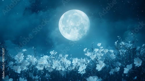 Full moon surrounded by white flowers in fantasy art style. photo