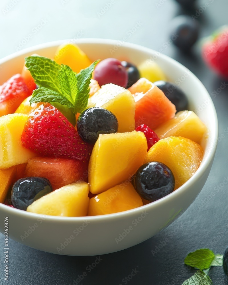 A colorful bowl of mixed fruit salad garnished with mint leaves. A colorful bowl of mixed fruit salad garnished with mint leaves.