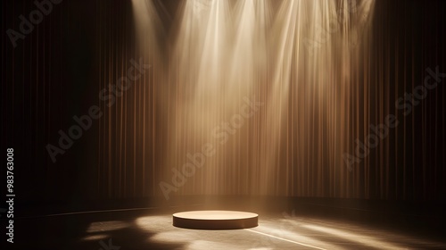 A simple yet refined stage setting with a focused golden spotlight, gentle shadows forming around the edges, evoking a sense of warmth and elegance in a serene atmosphere 