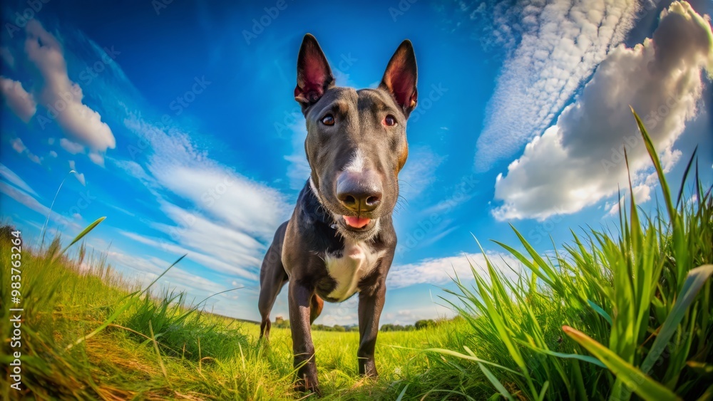 A spirited black bull terrier stands tall in a lush grassy field, basking in the warmth of a A spirited black bull terrier stands tall in a lush grassy field, basking in the warmth of a