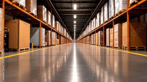 Wallpaper Mural Modern Warehouse Interior with High Shelves Filled with Cardboard Boxes and Wooden Pallets in Industrial Setting Torontodigital.ca