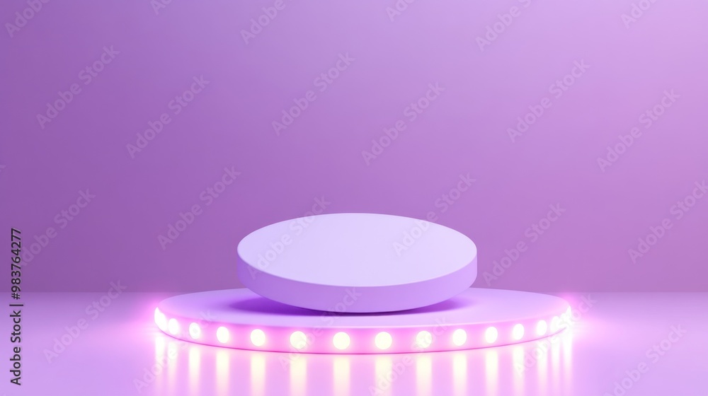 A minimalist display platform with a floating circular object and purple lighting. A minimalist display platform with a floating circular object and purple lighting.