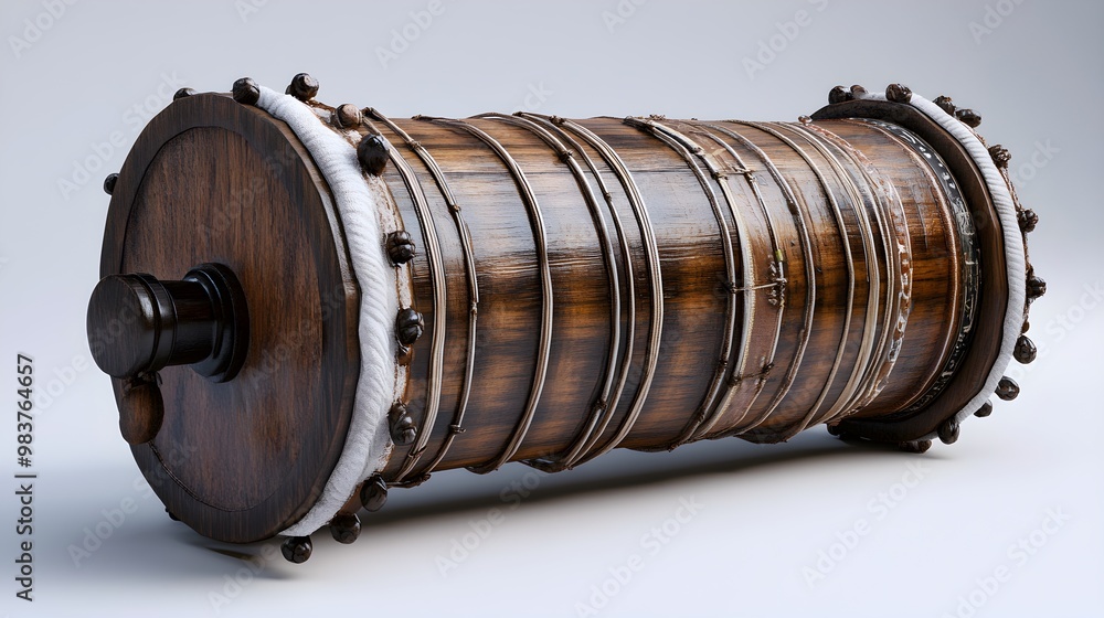Close-up high-resolution shot of a dholak drum showing fine details of wood and ropes image Close-up high-resolution shot of a dholak drum showing fine details of wood and ropes image