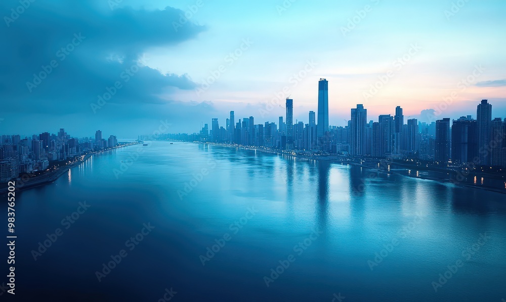 City Skyline Reflected in Calm Water at Dawn. City Skyline Reflected in Calm Water at Dawn.