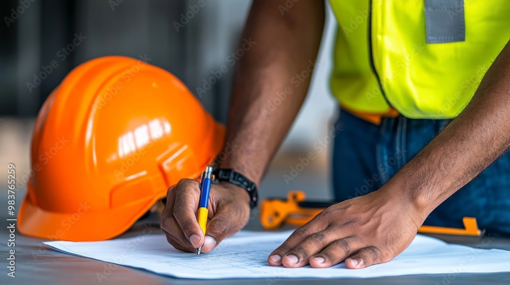 Construction Professional Reviewing Architectural Plans with Hard Hat and Blueprint Construction Professional Reviewing Architectural Plans with Hard Hat and Blueprint