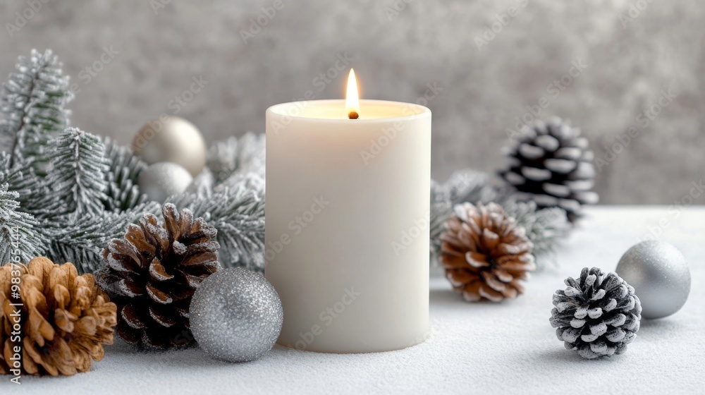 Elegant White Candle with Frosted Pine Cones and Silver Ornaments - Perfect for Holiday and Winter-Themed Stock Photography Elegant White Candle with Frosted Pine Cones and Silver Ornaments - Perfect for Holiday and Winter-Themed Stock Photography