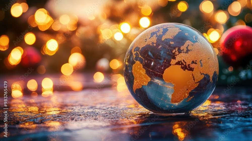 A shimmering globe symbolizes the unity of worldwide New Year's traditions, capturing the shared spirit of celebration and hope A shimmering globe symbolizes the unity of worldwide New Year's traditions, capturing the shared spirit of celebration and hope