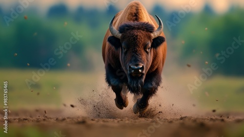 Majestic Bison Charging Through Prairie Dust at Dusk