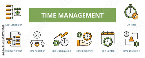 Time Management Lineal Color Banner Web Icon Set Vector Illustration, Task Scheduler Priority Planner Time Allocation Optimization Efficiency Control Discipline On Time