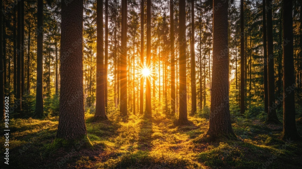Fototapeta premium A serene forest scene with sunlight filtering through tall trees, creating a tranquil atmosphere.