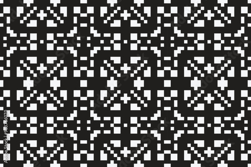 Vector monochrome pixel background. Abstract seamless pattern with small random scattered squares, rectangles, tiny dots. Black and white minimal