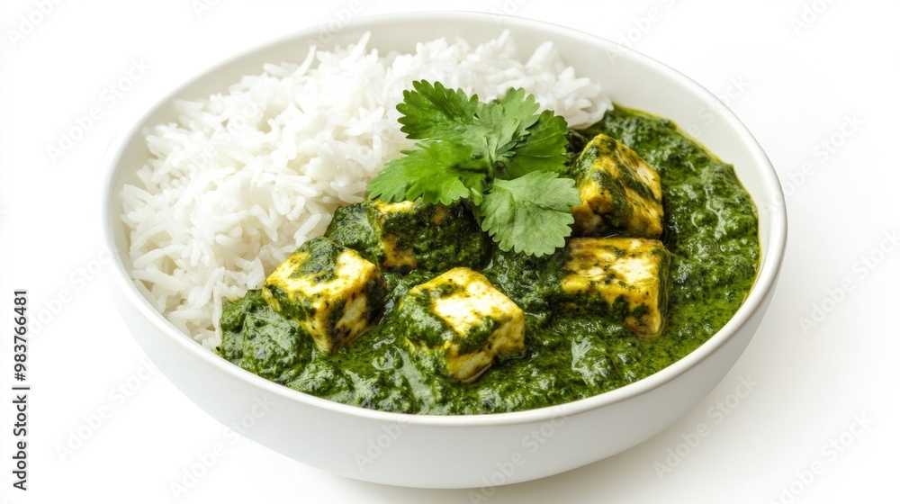Vibrant green palak paneer curry fills a decorative bowl, with creamy spinach sauce and tender paneer cubes Vibrant green palak paneer curry fills a decorative bowl, with creamy spinach sauce and tender paneer cubes