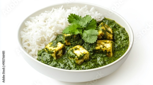 Vibrant green palak paneer curry fills a decorative bowl, with creamy spinach sauce and tender paneer cubes