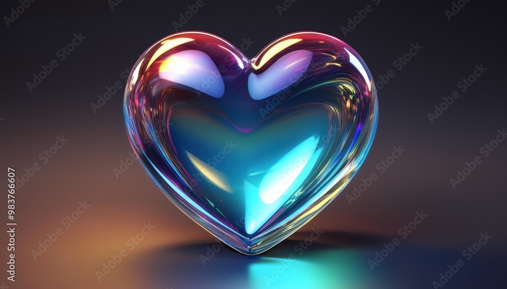 A glossy, translucent heart-shaped object reflects colorful light against a dark background, creating a vibrant and artistic visual effect. A glossy, translucent heart-shaped object reflects colorful light against a dark background, creating a vibrant and artistic visual effect.