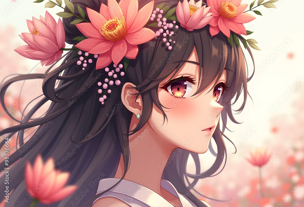 Naklejka premium Anime Girl with Flower Crown