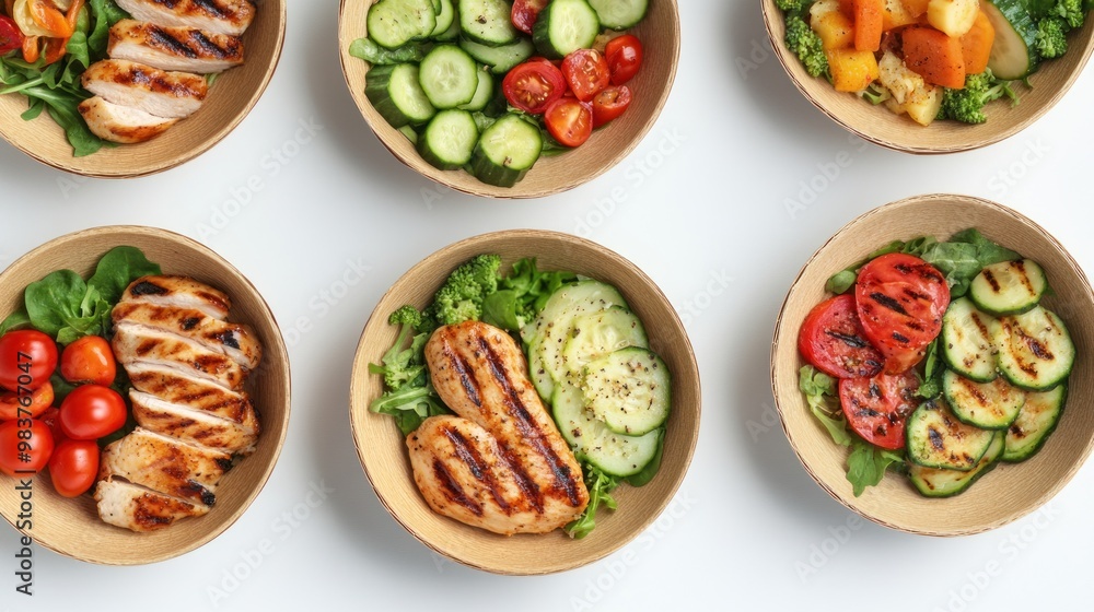 Assortment of Grilled Chicken and Vegetable Salads in Bowls Assortment of Grilled Chicken and Vegetable Salads in Bowls