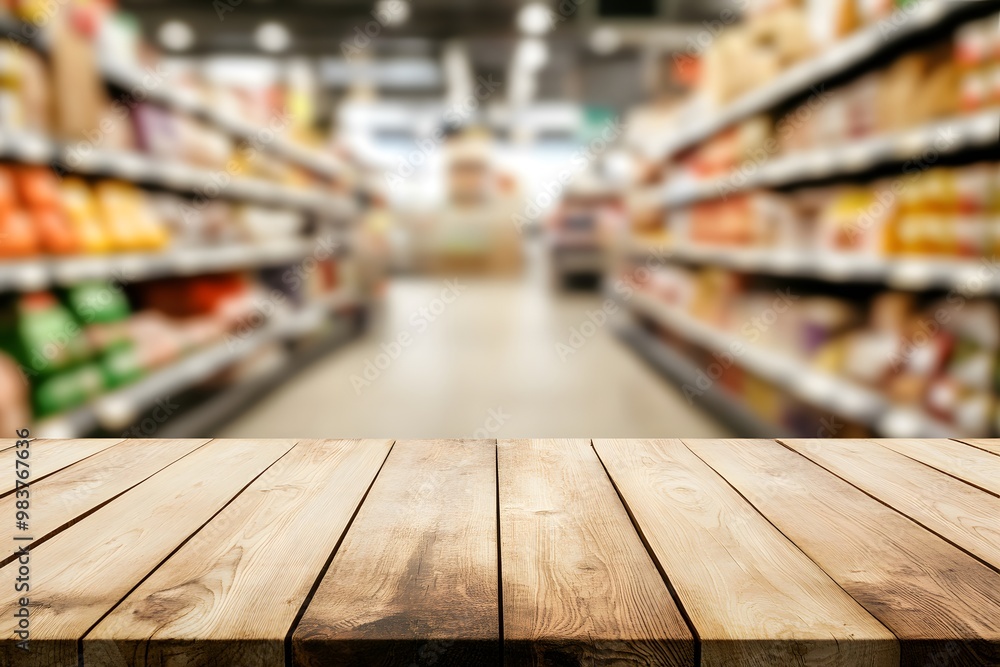 Empty wooden table top with a blurred supermarket interior background Empty wooden table top with a blurred supermarket interior background