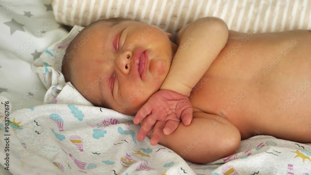 A newborn baby is peacefully sleeping and turning in its sleep. The baby's face expresses calmness and contentment, and his hands are gently resting near his face. An infant in first week of life A newborn baby is peacefully sleeping and turning in its sleep. The baby's face expresses calmness and contentment, and his hands are gently resting near his face. An infant in first week of life