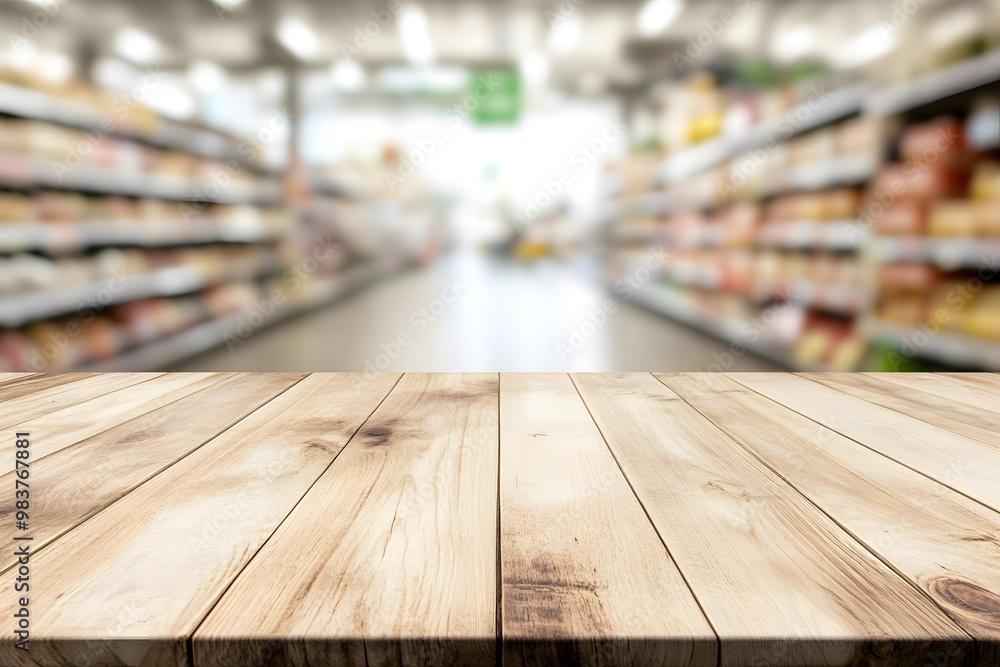 Empty wooden table top with a blurred supermarket interior background Empty wooden table top with a blurred supermarket interior background