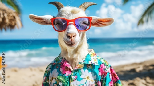 A cool goat wearing sunglasses and a Hawaiian shirt, enjoying a sunny day on the beach with blue skies and ocean waves.