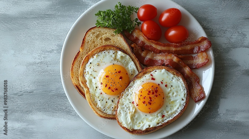 Sunny Side Up Eggs with Bacon and Toast on a White Plate Sunny Side Up Eggs with Bacon and Toast on a White Plate