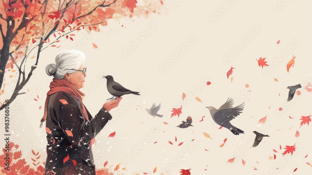 Obraz premium Minimalist background design celebrating Grandparents' Day with happy senior couple in a health and retirement care graphic. 