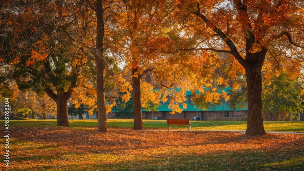 Fall park scene with autumn trees and leaves glowing in the sunlight Fall park scene with autumn trees and leaves glowing in the sunlight