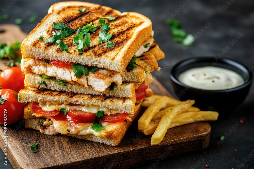 Grilled Chicken and Tomato Sandwich with French Fries and Dip Grilled Chicken and Tomato Sandwich with French Fries and Dip