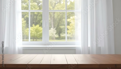 Minimal Scandinavian contemporary empty wooden table with sunlight. Simplistic Home office, Cafe, office and library