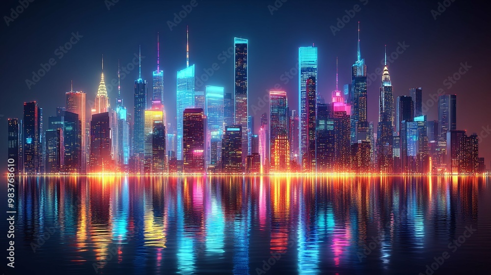 Fototapeta premium Neon-lit cityscape reflected in calm water at night