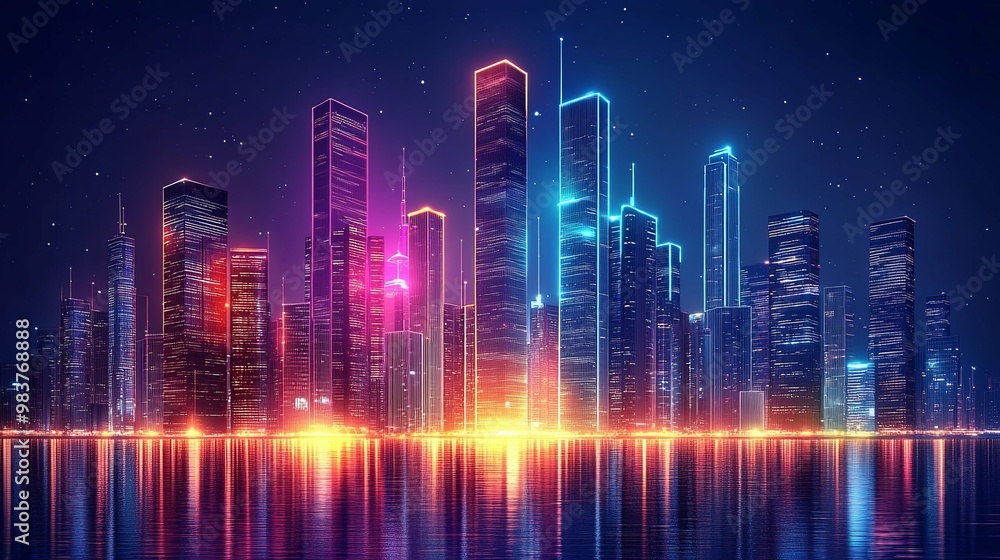 Neon Cityscape Reflecting in Water at Night Neon Cityscape Reflecting in Water at Night