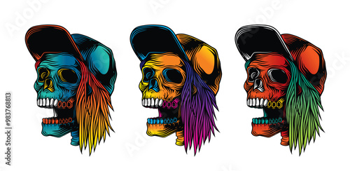 Skateboarder skull. Original vector illustration in vintage style. T-shirt design.