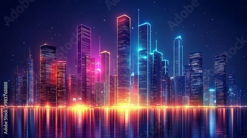 Neon Cityscape Reflecting in Water at Night