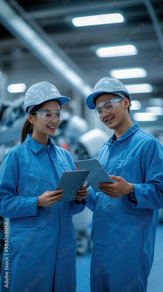 Two factory workers in safety gear discuss project details while using tablets in a modern industrial setting. Two factory workers in safety gear discuss project details while using tablets in a modern industrial setting.