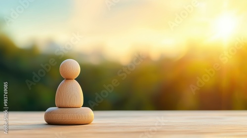 Wooden Figure on Table with Nature Background photo