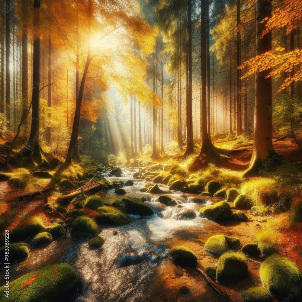 Forest stream flowing through a vibrant autumn landscape on a sunny day Forest stream flowing through a vibrant autumn landscape on a sunny day