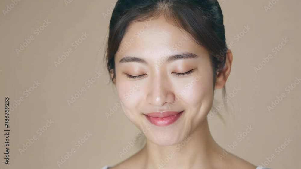 Young Asian woman with ponytail expressing calmness. Young Asian woman with ponytail expressing calmness.